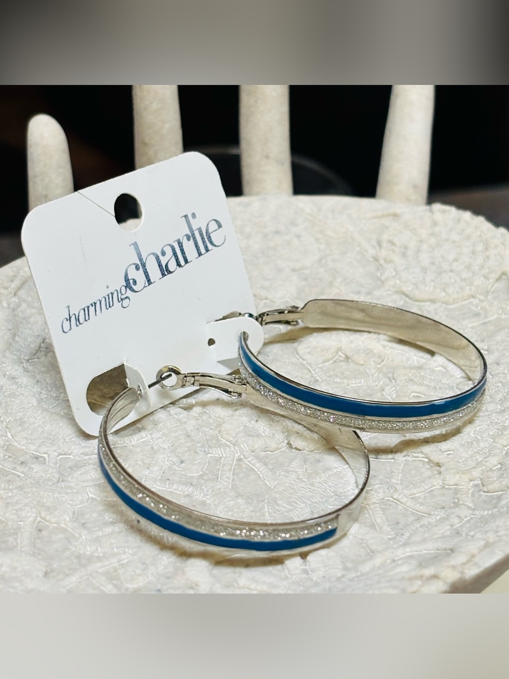 Charming Charlie 2” Silver Hoop Earrings with Blue Enamel Stripe